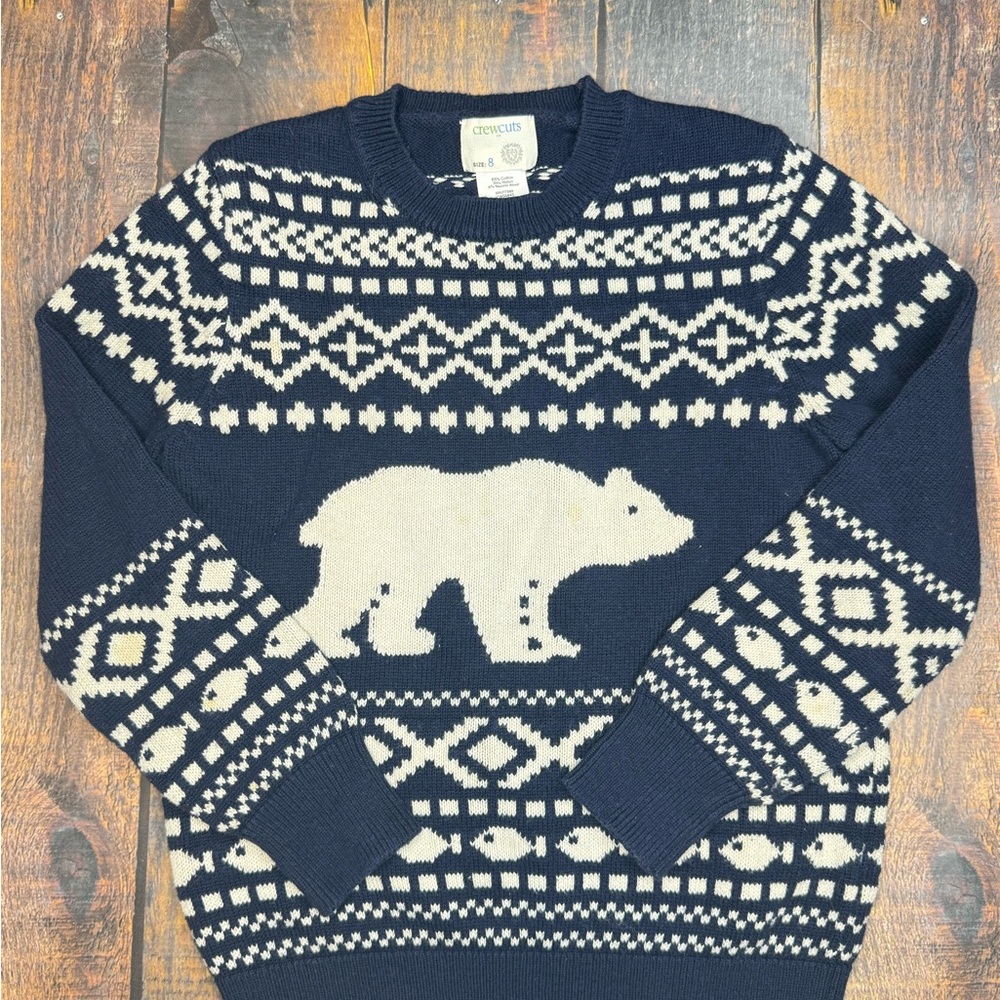 Crewcut J.Crew boys Fair Isle Polar Bear sweater Navy size 8 crew neck